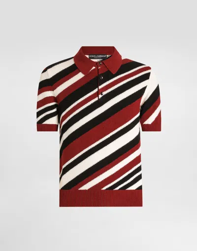 Dolce & Gabbana Short-sleeved Cotton Polo-shirt With Striped Inlay In Burgundy