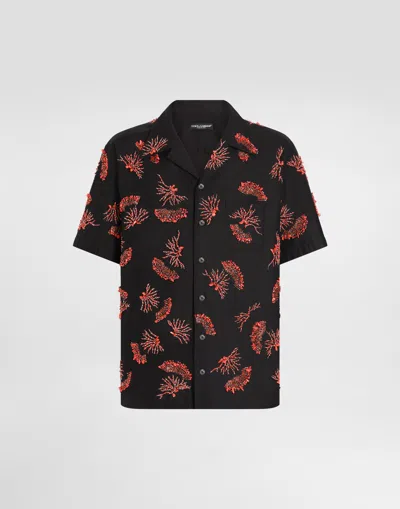 Dolce & Gabbana Short-sleeved Cotton Shirt With Coral Embroidery In Black