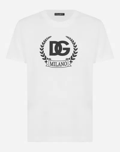 Dolce & Gabbana Short-sleeved Cotton T-shirt With Dg Print In White