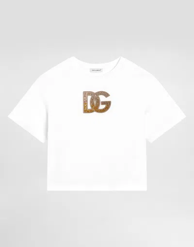 Dolce & Gabbana Short-sleeved Jersey T-shirt With Dg Logo Strass In White