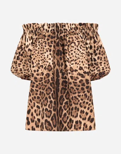 Dolce & Gabbana Short-sleeved Leopard-print Poplin Top In Multi