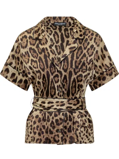 Dolce & Gabbana Short-sleeved Shirt With Animal Pattern In Brown