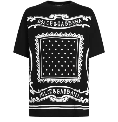 Dolce & Gabbana Men Black Crewneck T-shirt With Bandana Print All-over In Cotton Woman