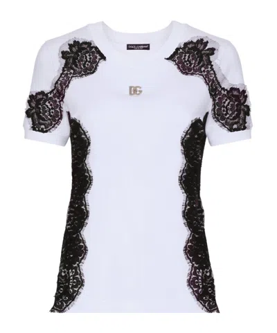 Dolce & Gabbana Lace Detail Cotton Blend T-shirt In White