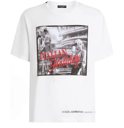 Dolce & Gabbana White Cotton Italian Holiday Print T-shirt