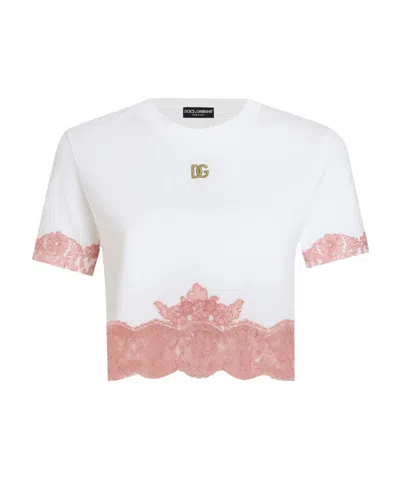 Dolce & Gabbana Cropped Jersey T-shirt With Dg Logo And Lace Inserts In White