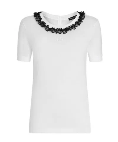 Dolce & Gabbana Jersey T Shirt Lace Trim Dg Embroidery In White