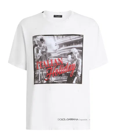 Dolce & Gabbana White Cotton Italian Holiday Print T-shirt