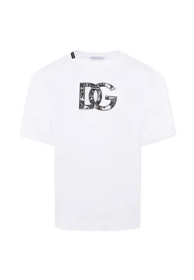 Dolce & Gabbana Short-sleeved T-shirt With Embossed Dg Majolica-print Logo In White