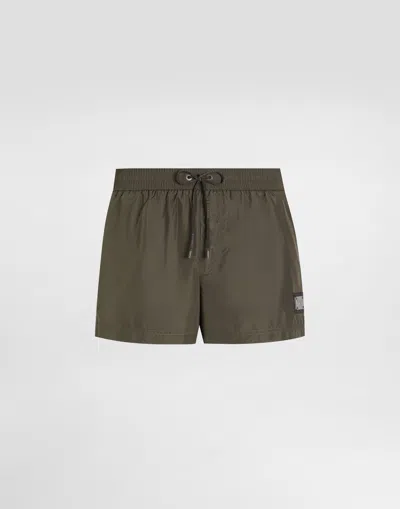 Dolce & Gabbana Short Swim Boxers In Canvas In Green