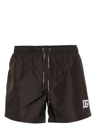 Dolce & Gabbana Short Swim Trunks In Brown