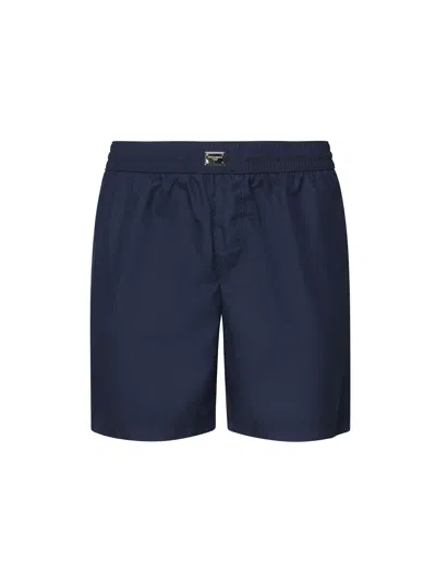 Dolce & Gabbana Short Swim Trunks With Logo Plaque In Blue