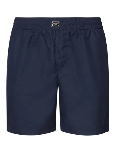 Dolce & Gabbana Short Swim Trunks With Logo Plaque In Blue
