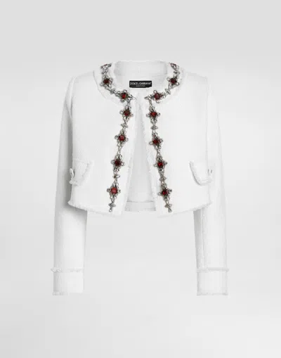 Dolce & Gabbana Short Tweed Jacket With Jewel Embroidery In White