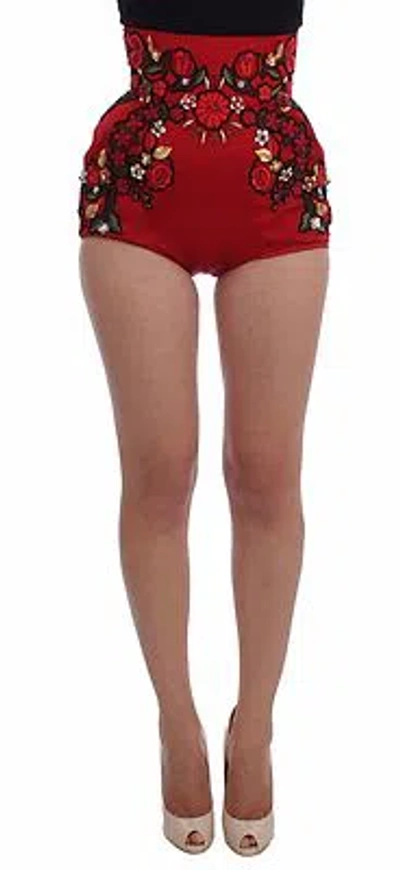 Pre-owned Dolce & Gabbana Shorts Red Silk Crystal Roses Hot Pants It40 / Us6 /s Rrp $3800