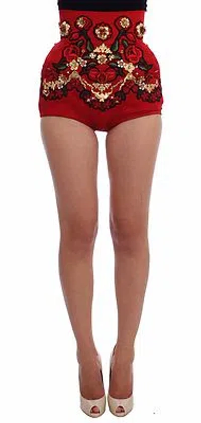 Pre-owned Dolce & Gabbana Shorts Red Silk Crystal Roses Hot Pants It40 / Us6 / S Rrp $4900