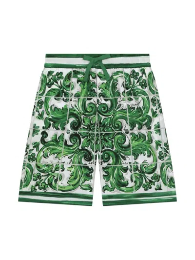 Dolce & Gabbana Kids' Majolica-print Drawstring Shorts In Green