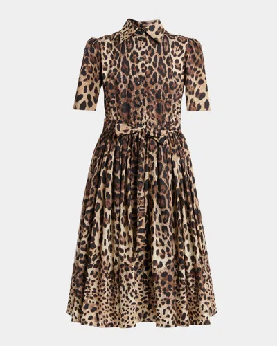 Dolce & Gabbana Short-sleeve Leopard Cotton Poplin Pleated Midi Shirtdress