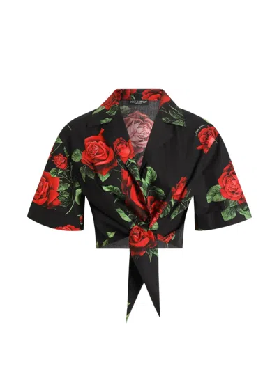 Dolce & Gabbana Short-sleeve Rose Print Cotton Shirt With Button And Tie Closure In Black