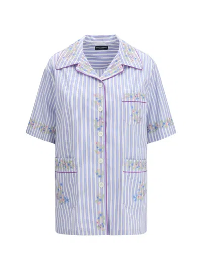 Dolce & Gabbana Short-sleeved Striped Shirt In Blue