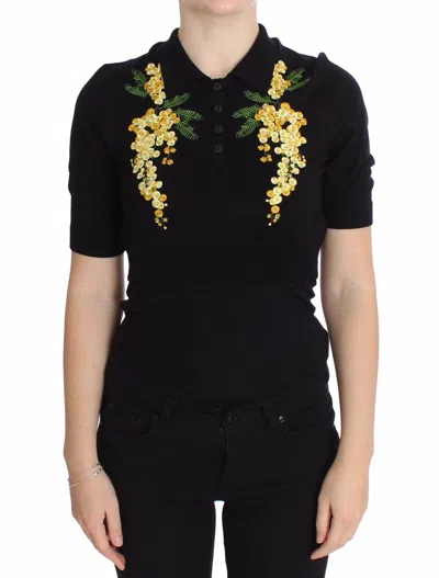 Pre-owned Dolce & Gabbana Shrug Polo Silk Floral Embroidered Top It36/ Us2 / Xs Rrp $1200 In Black