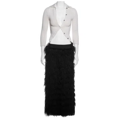 Pre-owned Dolce & Gabbana Shrunken Knit Cardigan And Mongolian Lamb Maxi Skirt, Fw 1999 In Gray