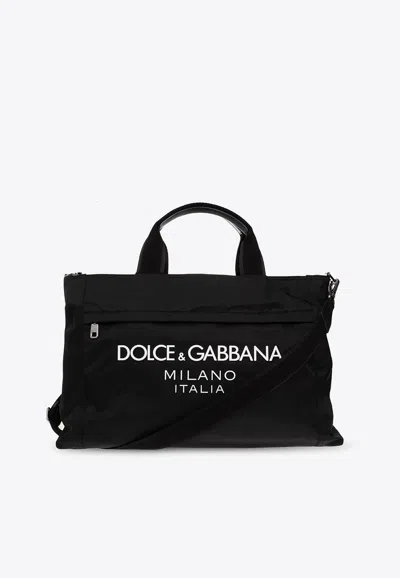 Dolce & Gabbana Black Gym Bag With Contrasting Logo Print In Polyamide Man