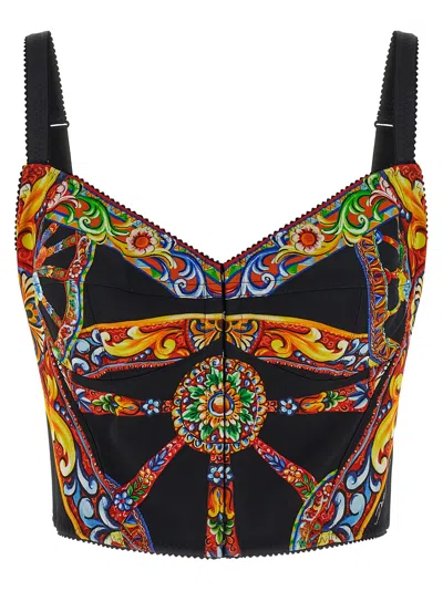 Dolce & Gabbana Sicilian Carretto Print Silk Bodysuit In Multi