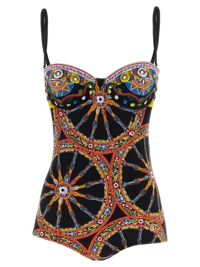 Dolce & Gabbana Sicilian Carretto Print Swimsuit In Multicolor