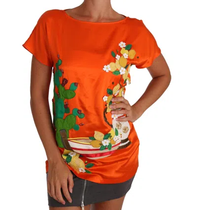 Dolce & Gabbana Silk Lemon-embroidered T-shirt In Orange
