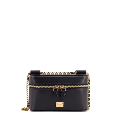 Dolce & Gabbana Sicily Leather Shoulder Bag With Metal Logo Tag In Black