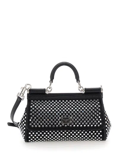 Dolce & Gabbana 'sicily' Black Handbag With All-over Rhinestone In Satin Blend Woman