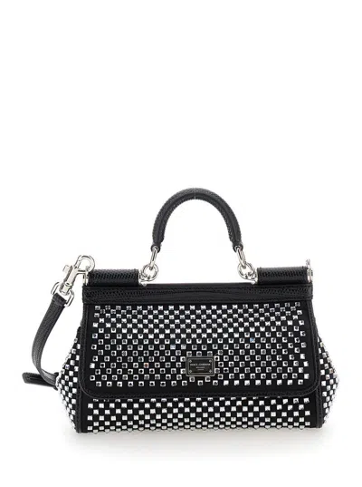 DOLCE & GABBANA 'SICILY' BLACK HANDBAG WITH ALL-OVER RHINESTONE IN SATIN BLEND WOMAN