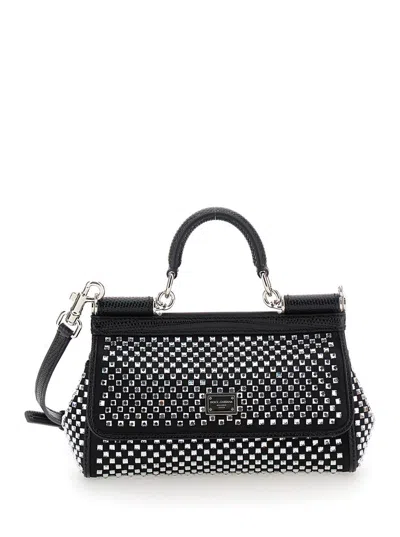 DOLCE & GABBANA 'SICILY' BLACK HANDBAG WITH ALL-OVER RHINESTONE IN SATIN BLEND WOMAN