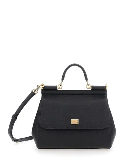 DOLCE & GABBANA 'SICILY' BLACK MEDIUM HANDBAG WITH ADJUSTABLE AND REMOVABLE SHOULDER STRAP AND LOGO PLAQUE ON THE FR