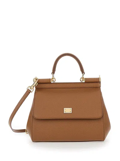 Dolce & Gabbana 'sicily' Brown Handbag With Logo Plaque In Leather Woman