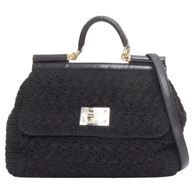 Pre-owned Dolce & Gabbana Dolce Gabbana Sicily Crochet Leather Trim Gold Hardware Top Handle Satchel Bag In Black
