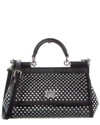 Dolce & Gabbana Sicily Crystals Small Leather Satchel In Black