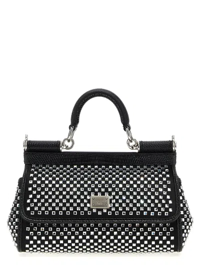 Dolce & Gabbana Embellished Fabric And Calf Small Sicily Handbag In Black