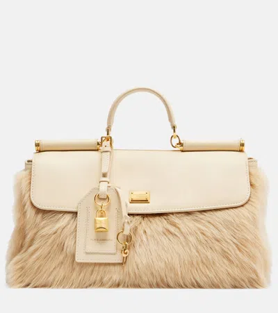 Dolce & Gabbana Sicily Large Leather And Shearling Top-handle Bag In Sand