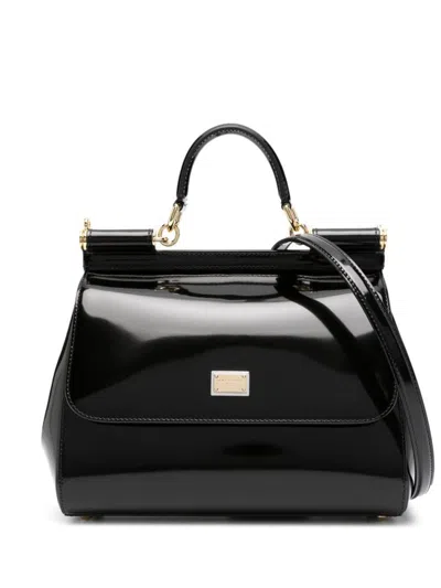 Dolce & Gabbana Sicily Large Shiny Leather Handbag In Black