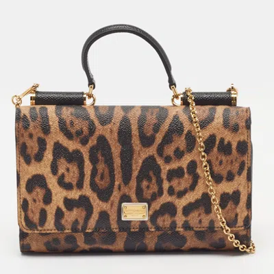 Pre-owned Dolce & Gabbana Sicily Lipstick Brown/black Leopard Print Coated Canvas Wallet On Chain