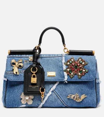 Dolce & Gabbana Sicily Medium Embellished Denim Tote Bag In Blue