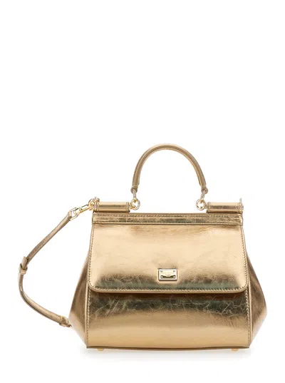 Dolce & Gabbana 'sicily Medium' Gold Colored Handbag With Logo Plaque In Quilted Leather Woman In Silver