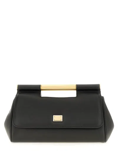 Dolce & Gabbana Sicily Medium Black Leather Clutch With Gold-tone Accents And Leopard Lining