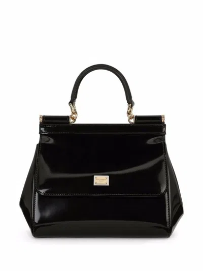Dolce & Gabbana Sicily Medium Shiny Leather Handbag In Black