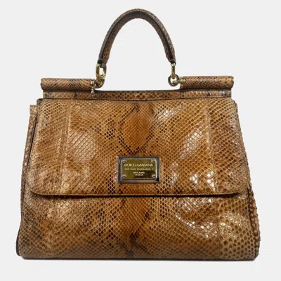 Pre-owned Dolce & Gabbana Sicily Python Leather Handbag In Brown