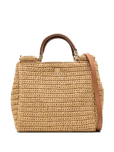 Pre-owned Dolce & Gabbana Sicily Raffia Crochet Handbag In Neutral