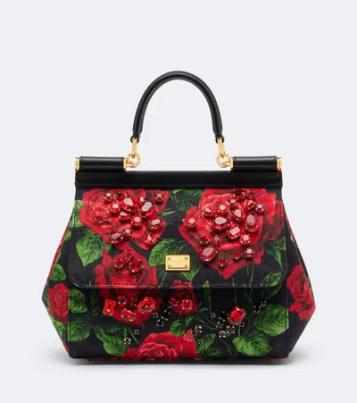 Dolce & Gabbana Sicily Small Embellished Floral Top-handle Bag In Red