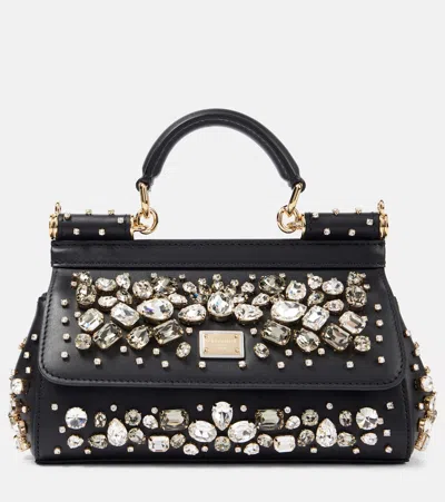 Dolce & Gabbana Sicily Small Embellished Leather Tote Bag In Black